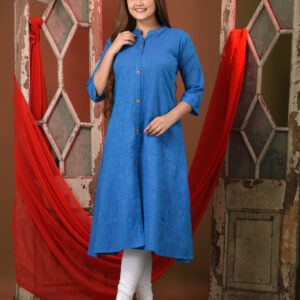 Sapphire Blue Solid Cotton A-line Kurta