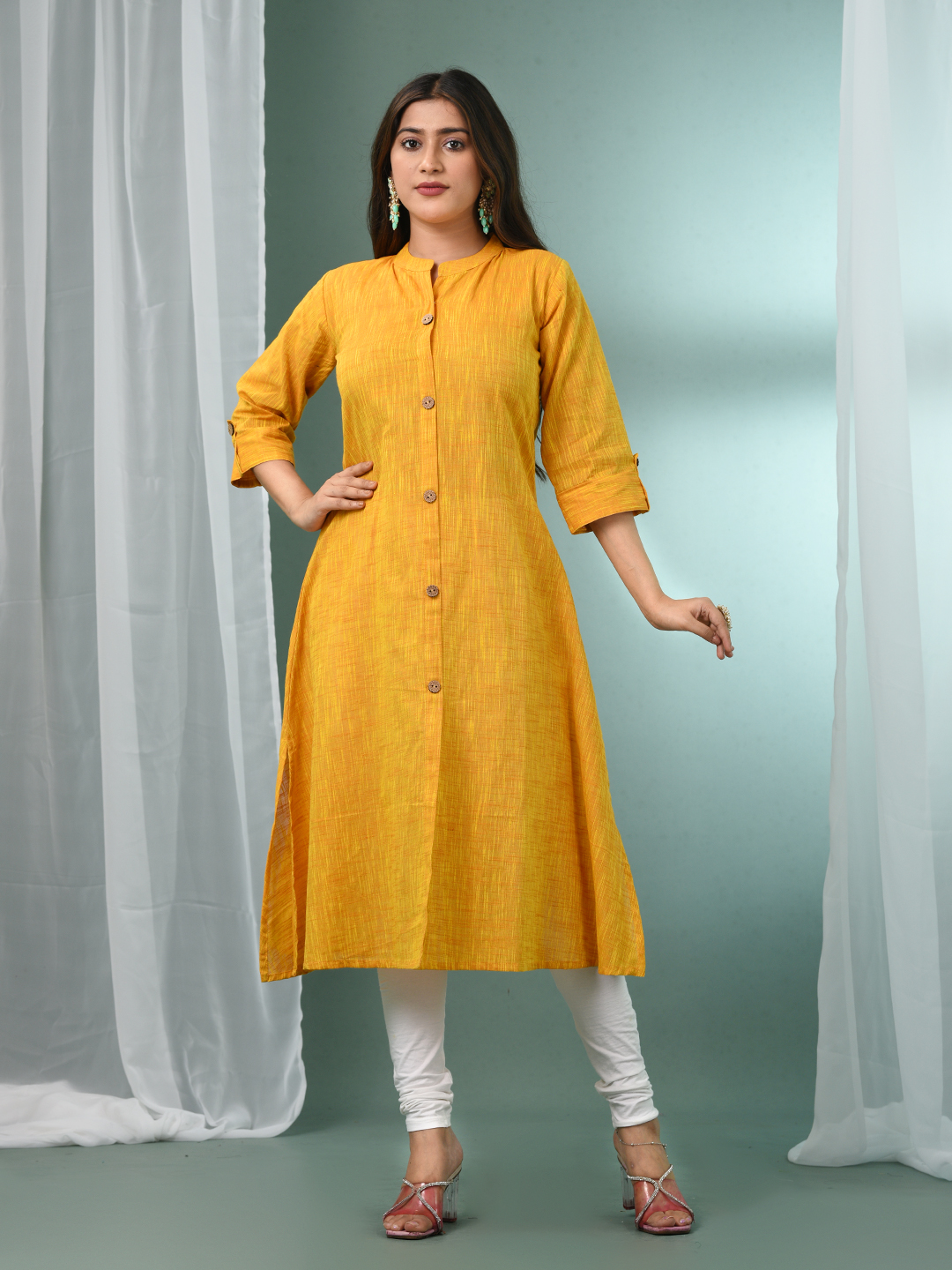 Yellow Solid Cotton A-line Kurta