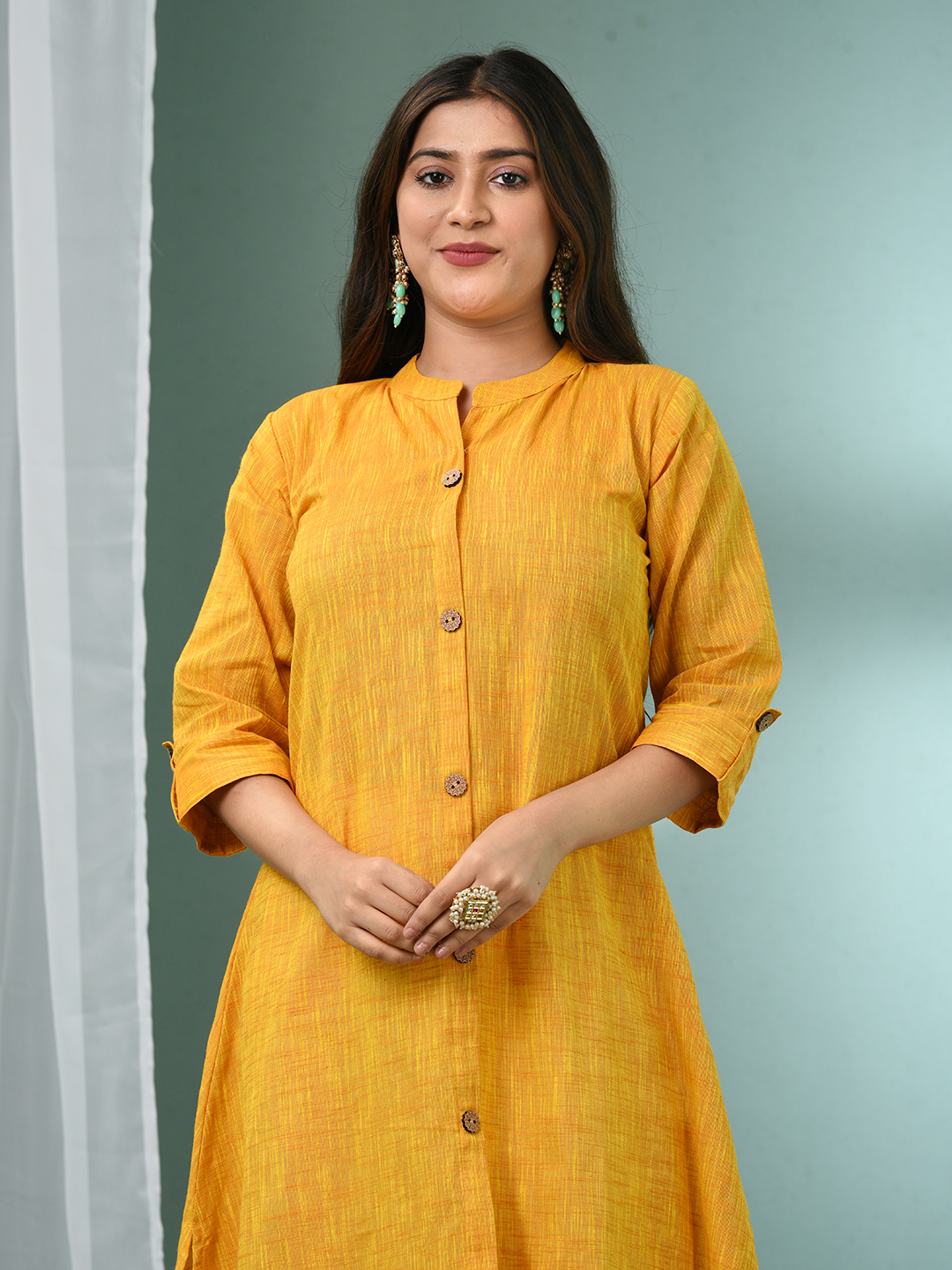 Yellow Solid Cotton A-line Kurta - Image 3