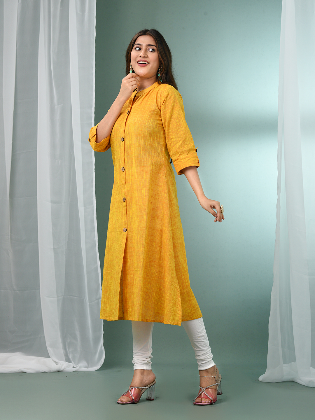 Yellow Solid Cotton A-line Kurta - Image 4