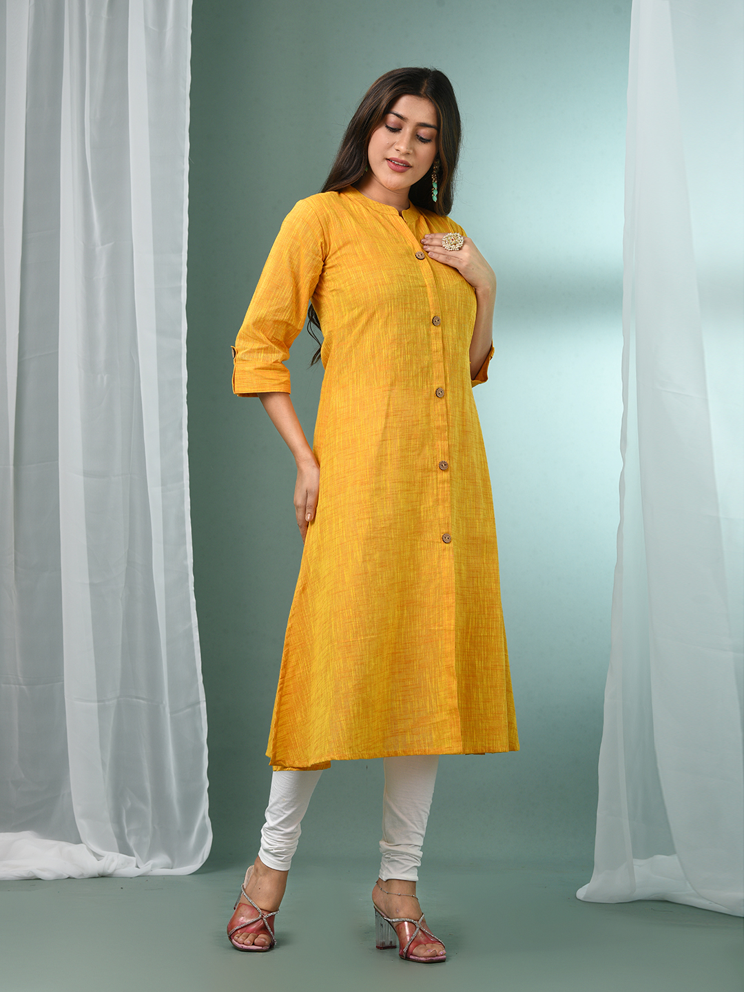 Yellow Solid Cotton A-line Kurta - Image 5