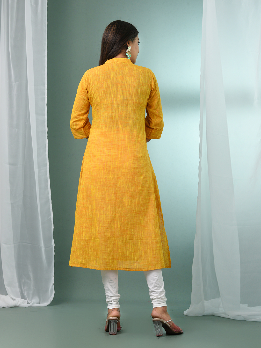 Yellow Solid Cotton A-line Kurta - Image 6