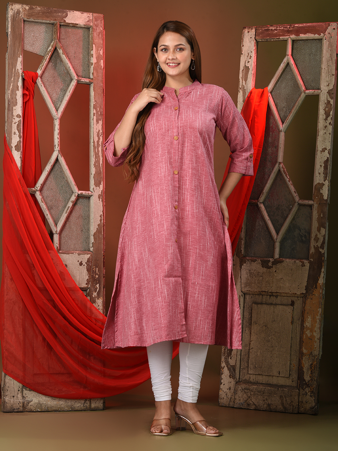 Pink Solid Cotton A-line Kurta