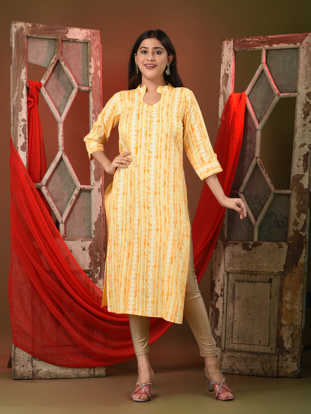 Yellow Rayon Printed Straight Kurta