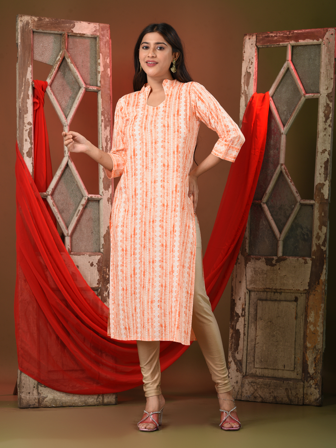 Orange Rayon Printed Straight Kurta