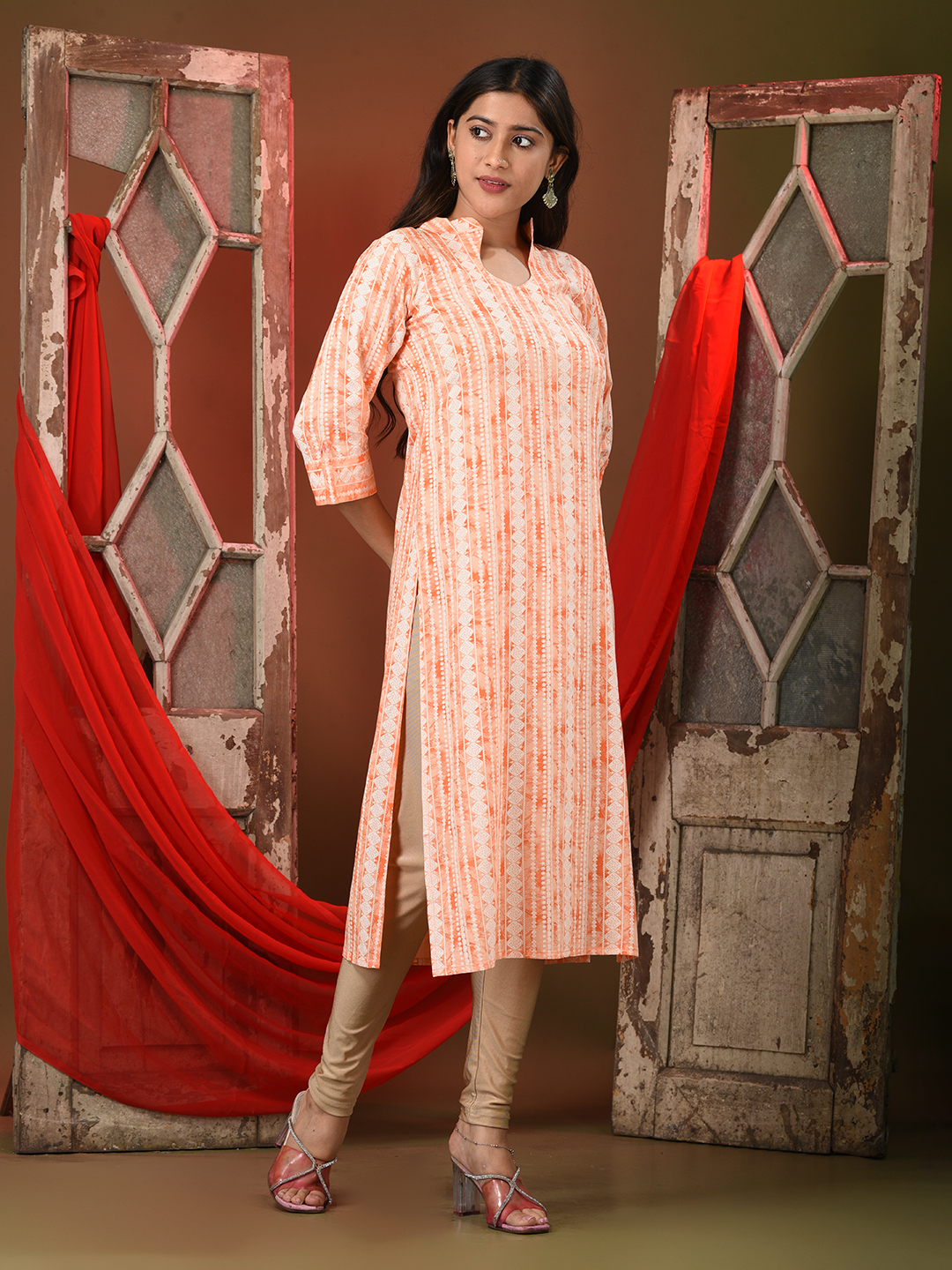 Orange Rayon Printed Straight Kurta - Image 5