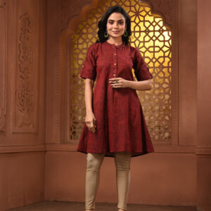 Maroon Solid Cotton A-line Short Kurta