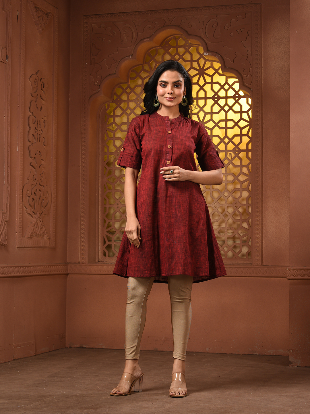 Maroon Solid Cotton A-line Short Kurta