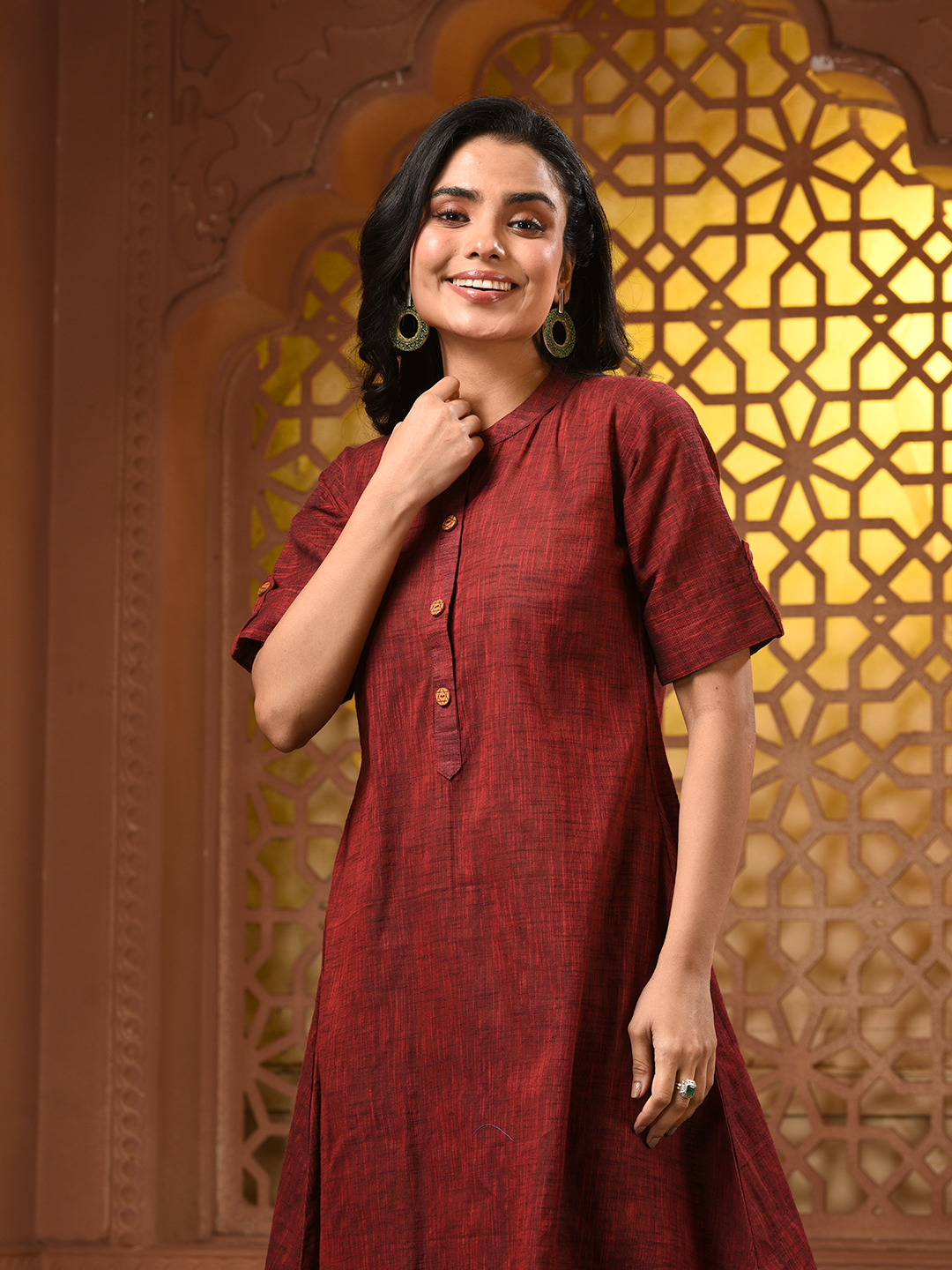 Maroon Solid Cotton A-line Short Kurta - Image 3