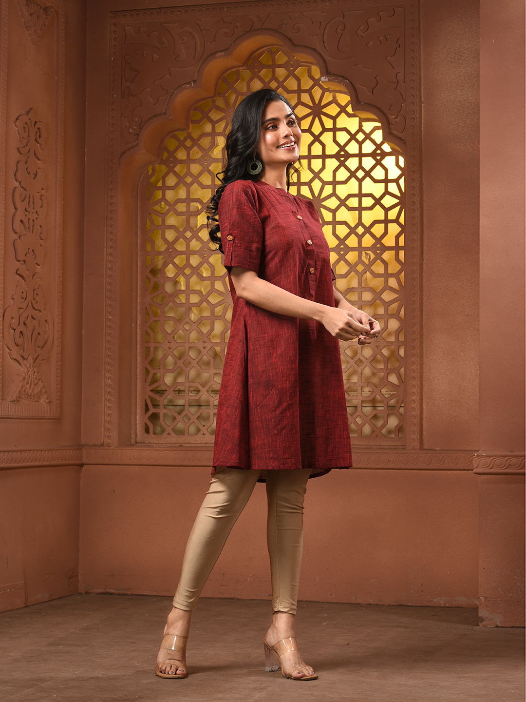 Maroon Solid Cotton A-line Short Kurta - Image 4