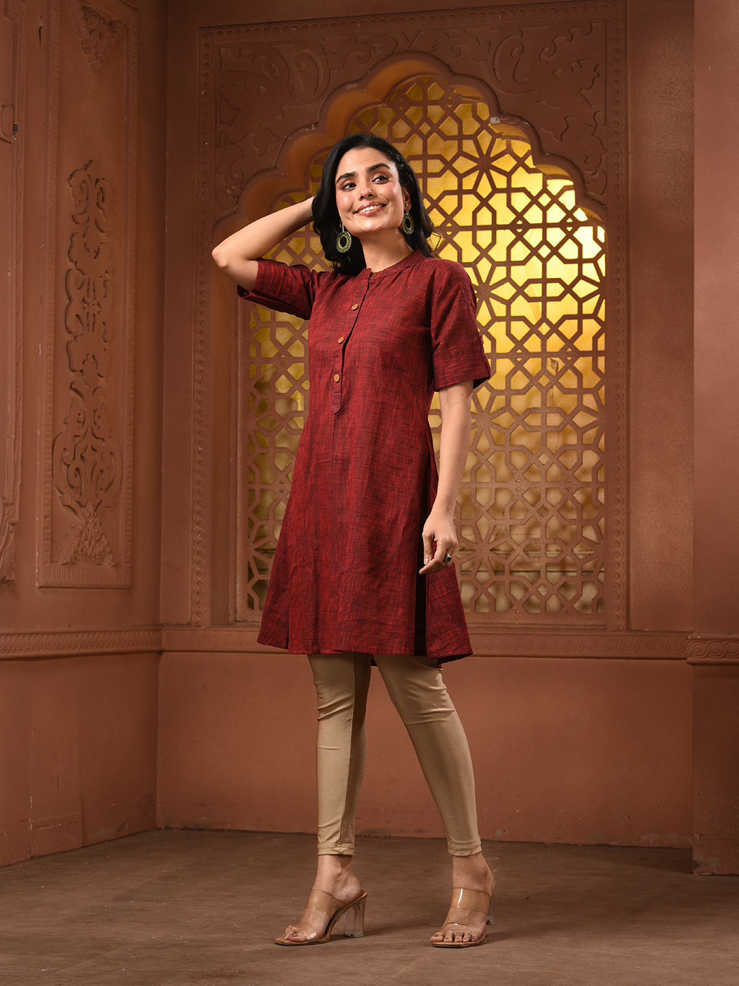 Maroon Solid Cotton A-line Short Kurta - Image 5