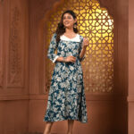 Teal Rayon Floral Printed A-line Kurta