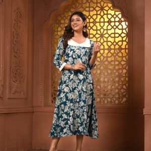 Teal Rayon Floral Printed A-line Kurta