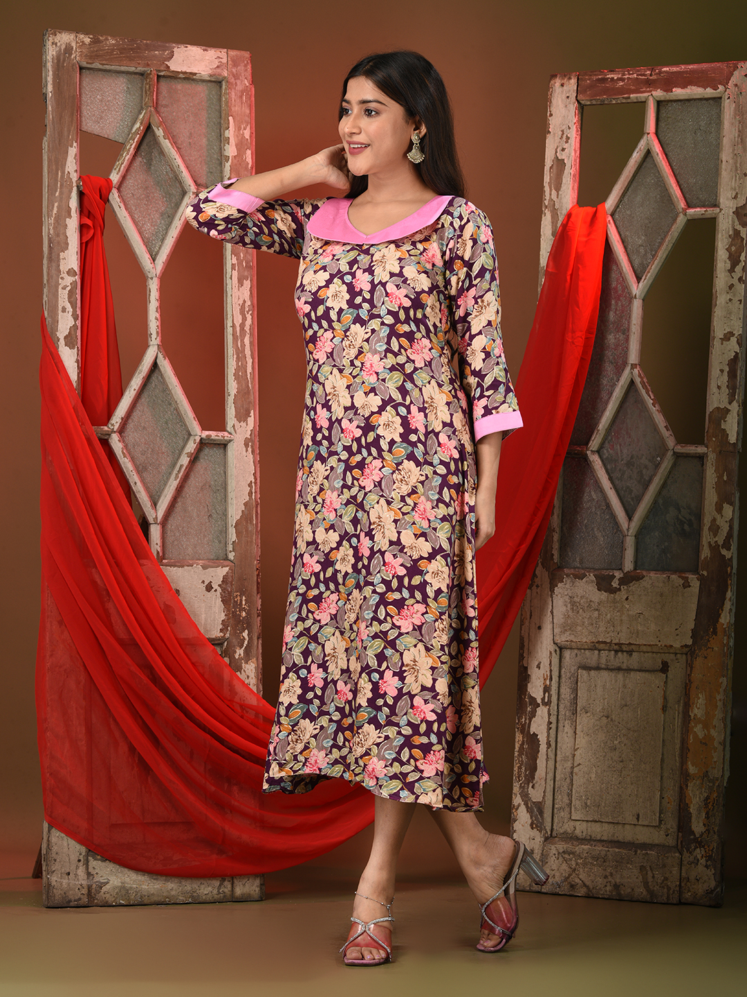 Purple Rayon Floral Printed A-line Kurta - Image 4