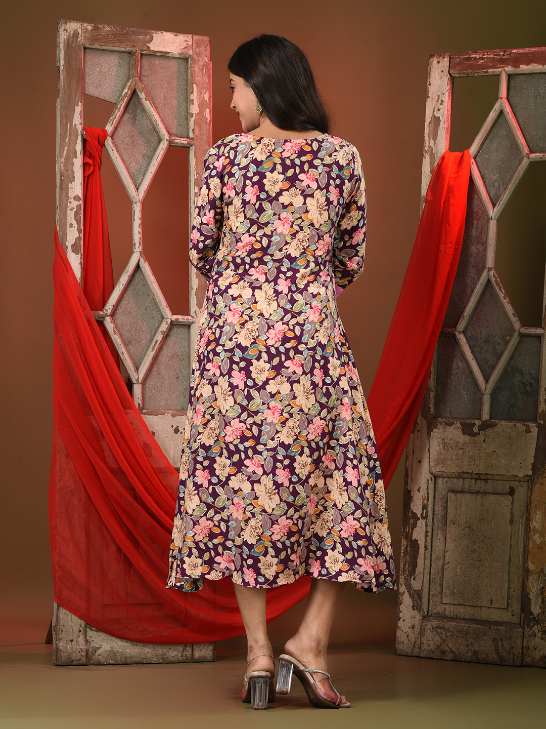 Purple Rayon Floral Printed A-line Kurta - Image 6