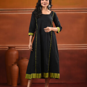 Black Solid Cotton A-line Kurta
