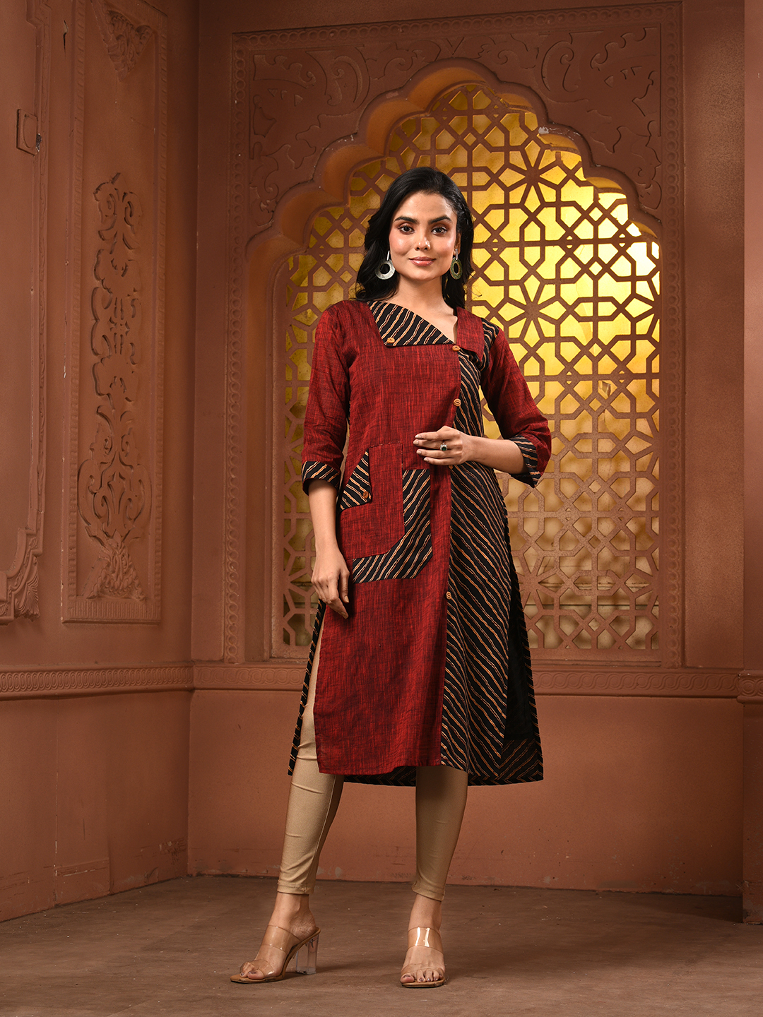 Maroon Cotton Printed Straight Kurta