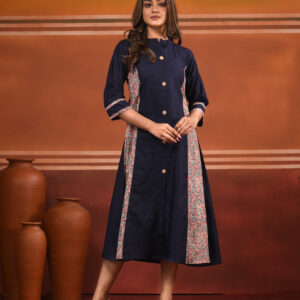 Navy Blue Cotton Solid A-line Kurta