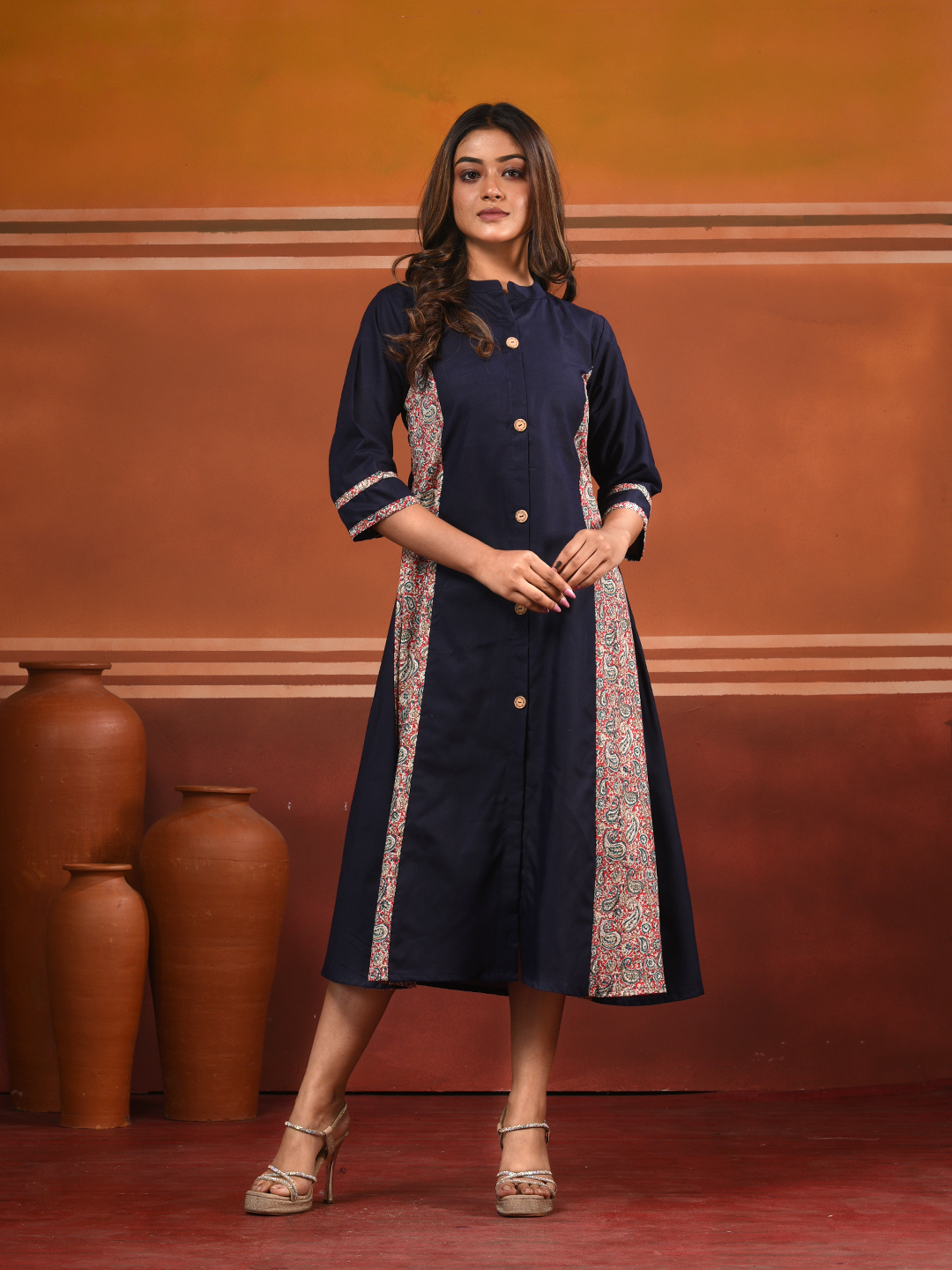 Navy Blue Cotton Solid A-line Kurta