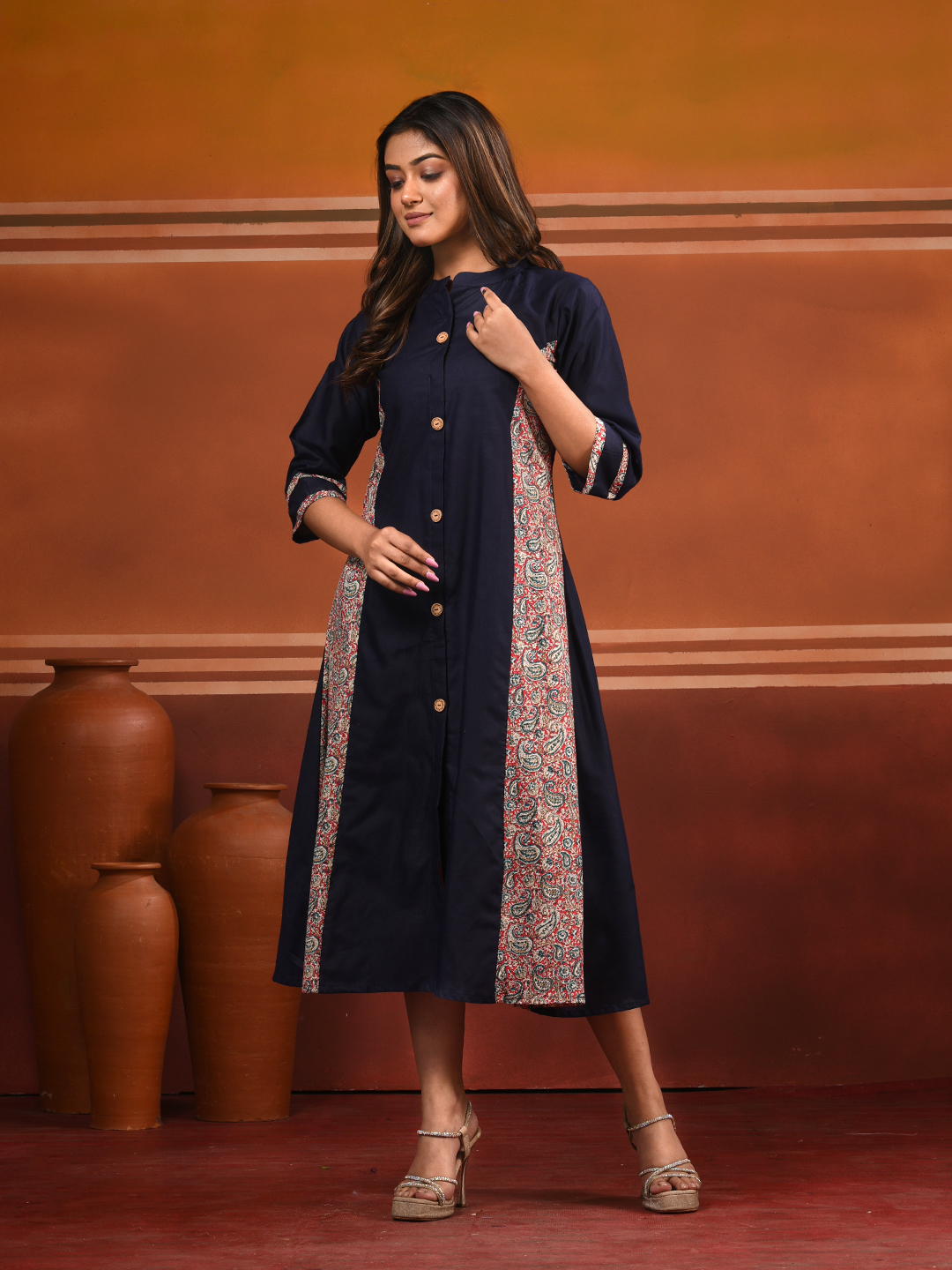Navy Blue Cotton Solid A-line Kurta - Image 3