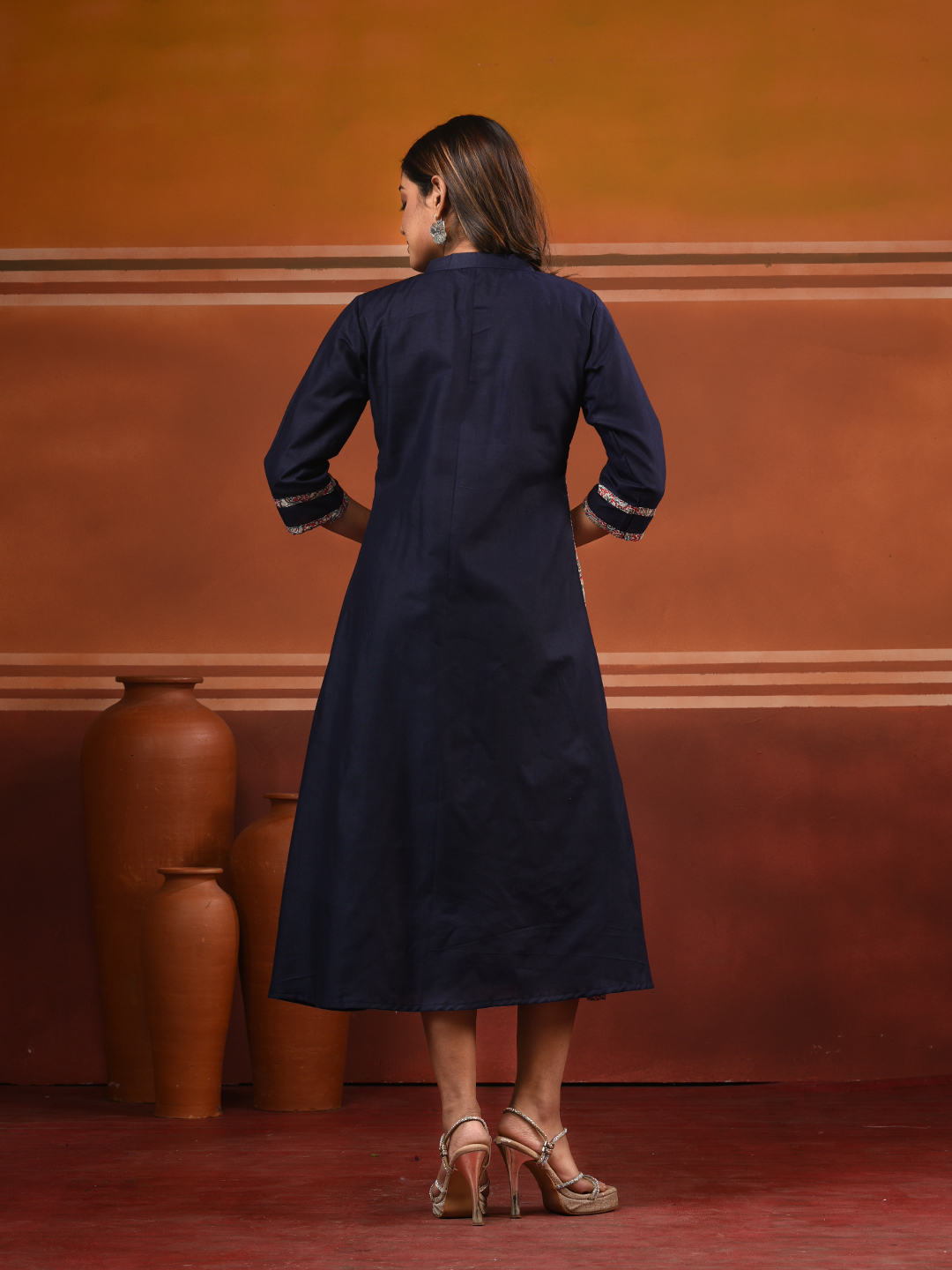 Navy Blue Cotton Solid A-line Kurta - Image 6