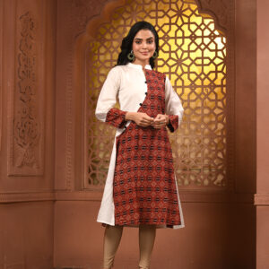 White And Brown Ajrak Printed Cotton A-line Kurta