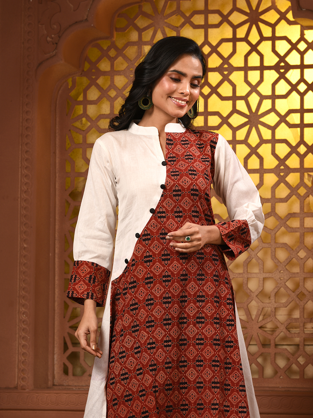 White And Brown Ajrak Printed Cotton A-line Kurta - Image 3