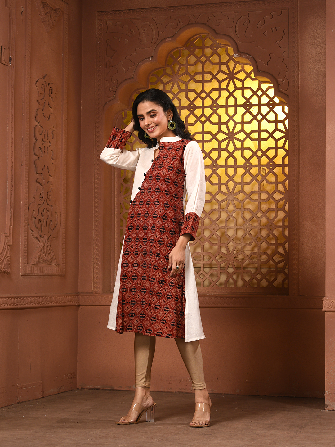White And Brown Ajrak Printed Cotton A-line Kurta - Image 4