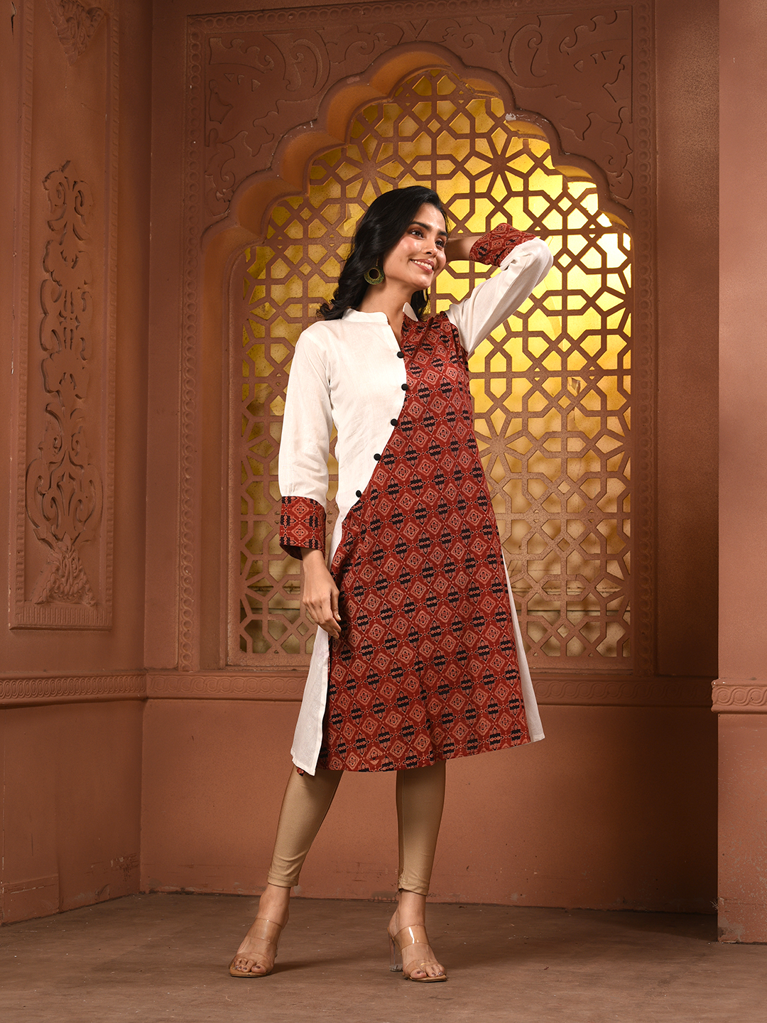 White And Brown Ajrak Printed Cotton A-line Kurta - Image 5