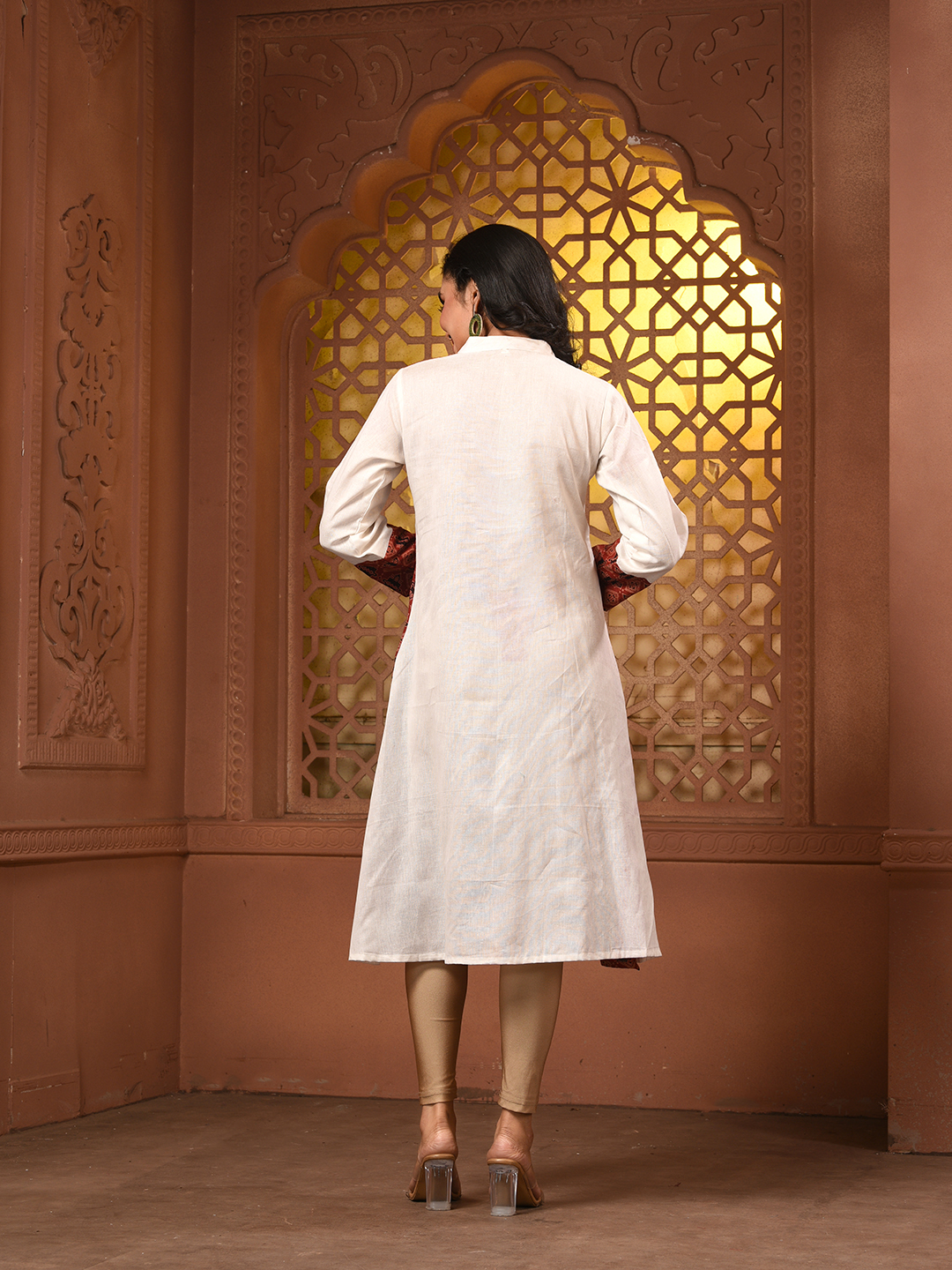 White And Brown Ajrak Printed Cotton A-line Kurta - Image 6