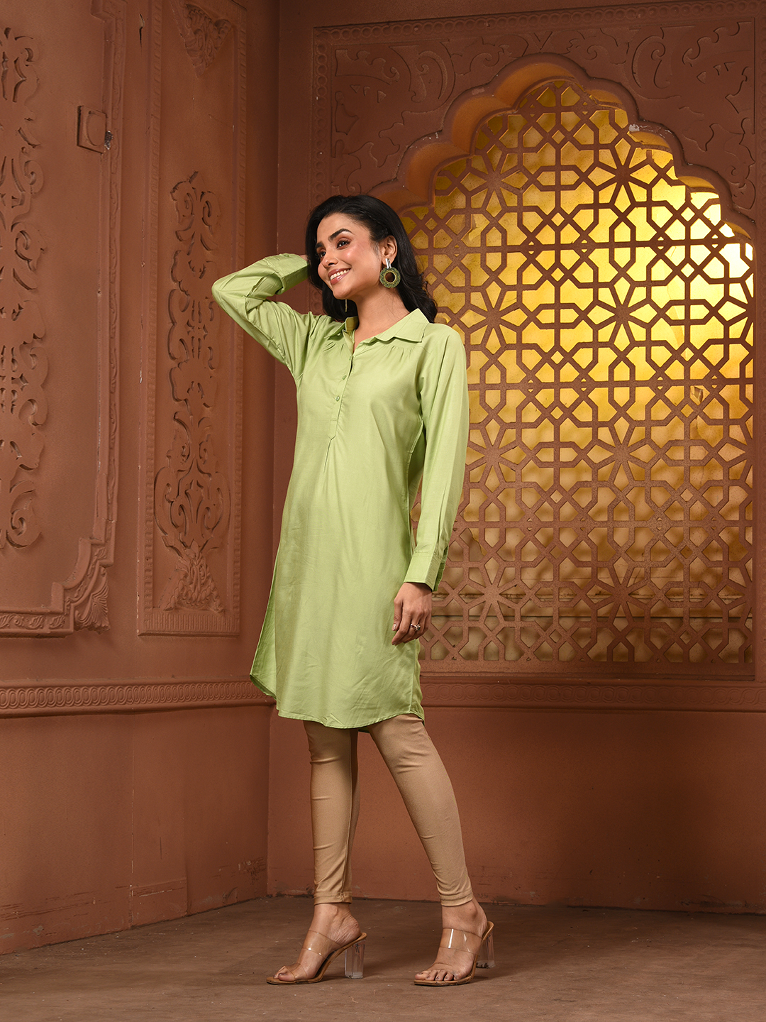 Light Green Solid Rayon Pathani Kurta - Image 4