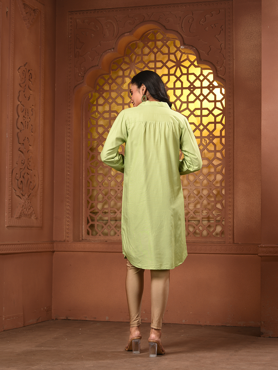 Light Green Solid Rayon Pathani Kurta - Image 6