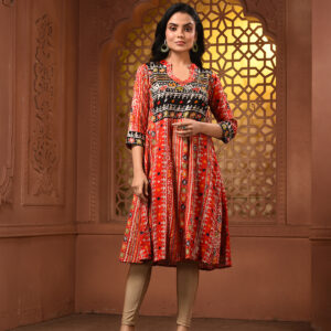 Red Cotton Printed A-line Kurta With Sequence Work