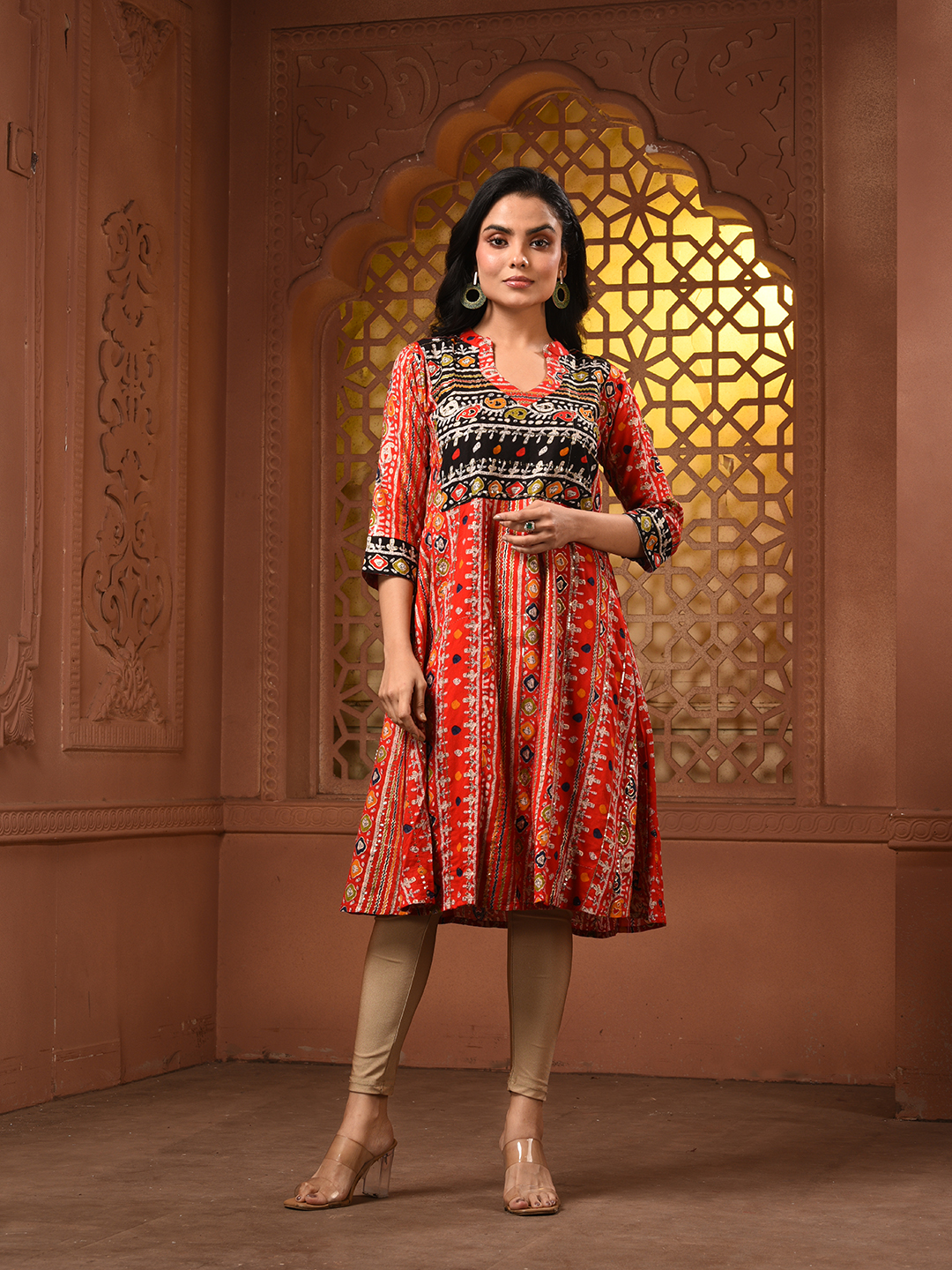 Red Cotton Printed A-line Kurta With Sequence Work
