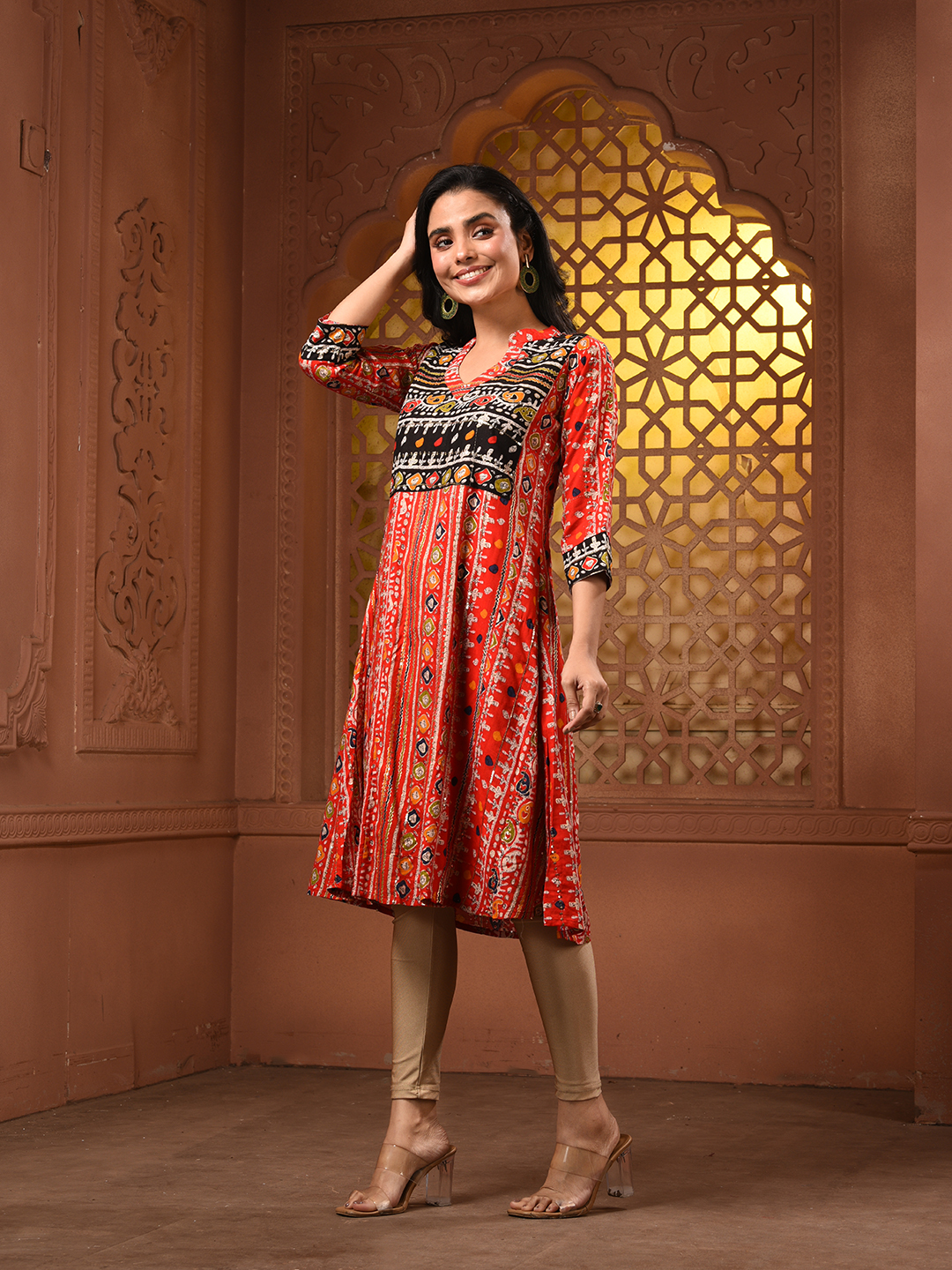 Red Cotton Printed A-line Kurta With Sequence Work - Image 4