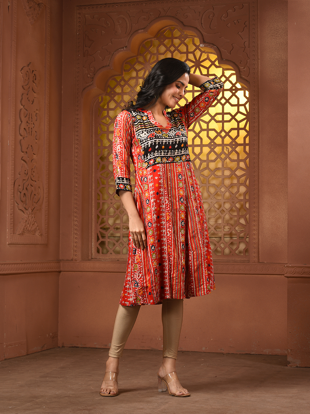 Red Cotton Printed A-line Kurta With Sequence Work - Image 5