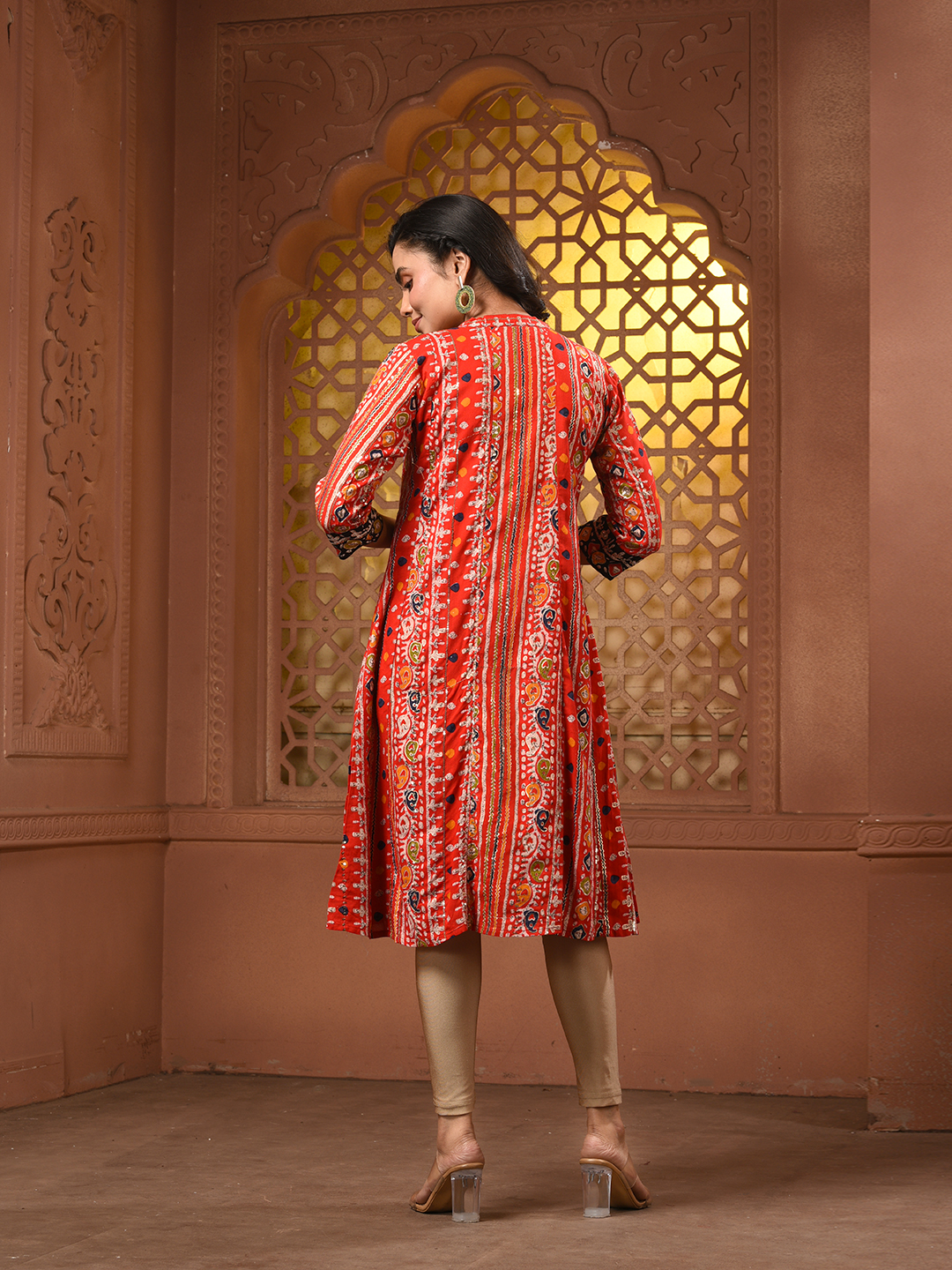 Red Cotton Printed A-line Kurta With Sequence Work - Image 6
