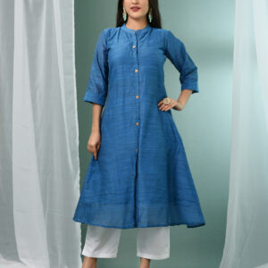 Sapphire Blue Cotton Solid Handloom A-line Kurta Set