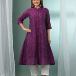 Purple Textured Cotton Handloom A-line Kurta Set