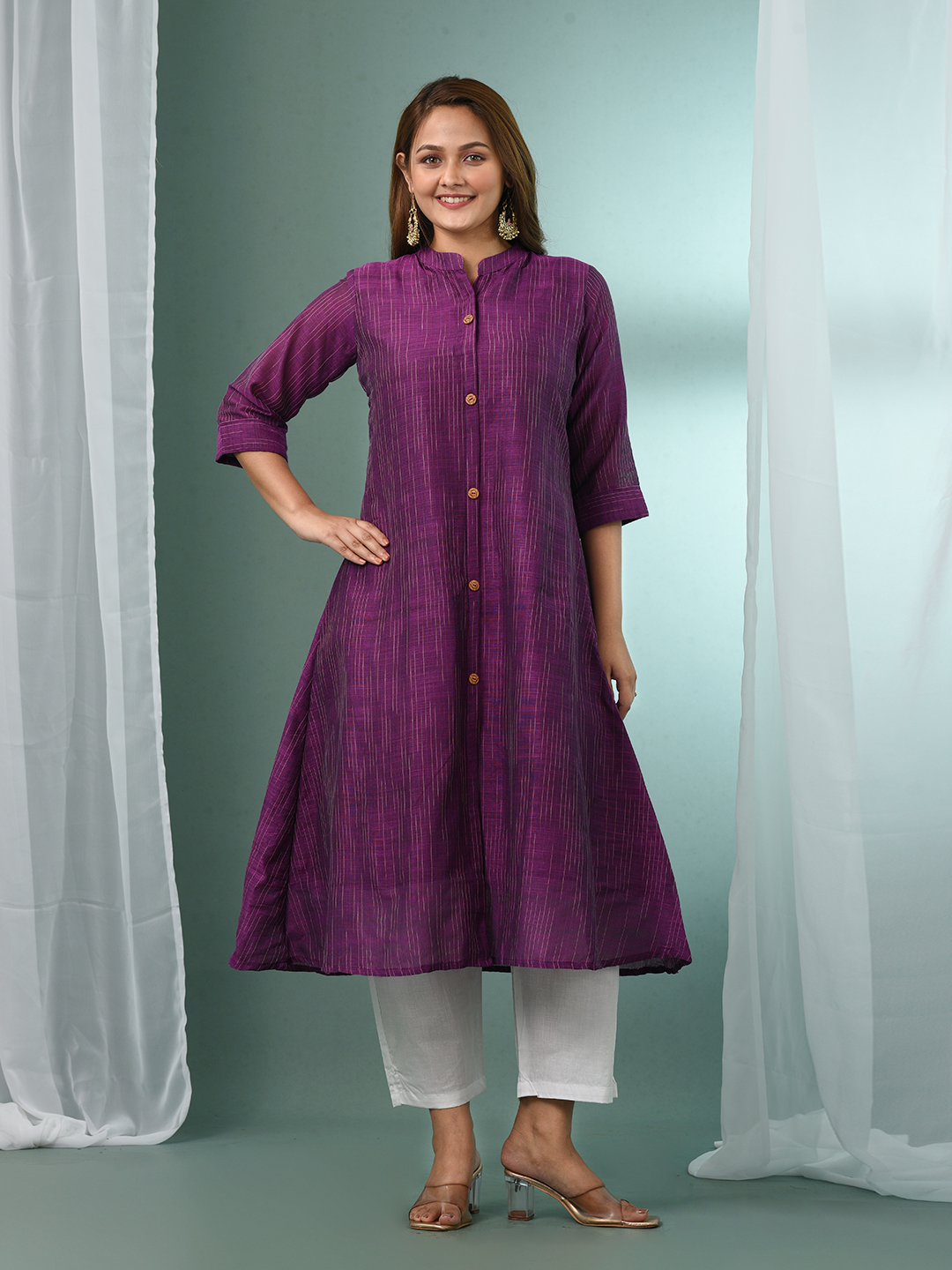 Purple Textured Cotton Handloom A-line Kurta Set