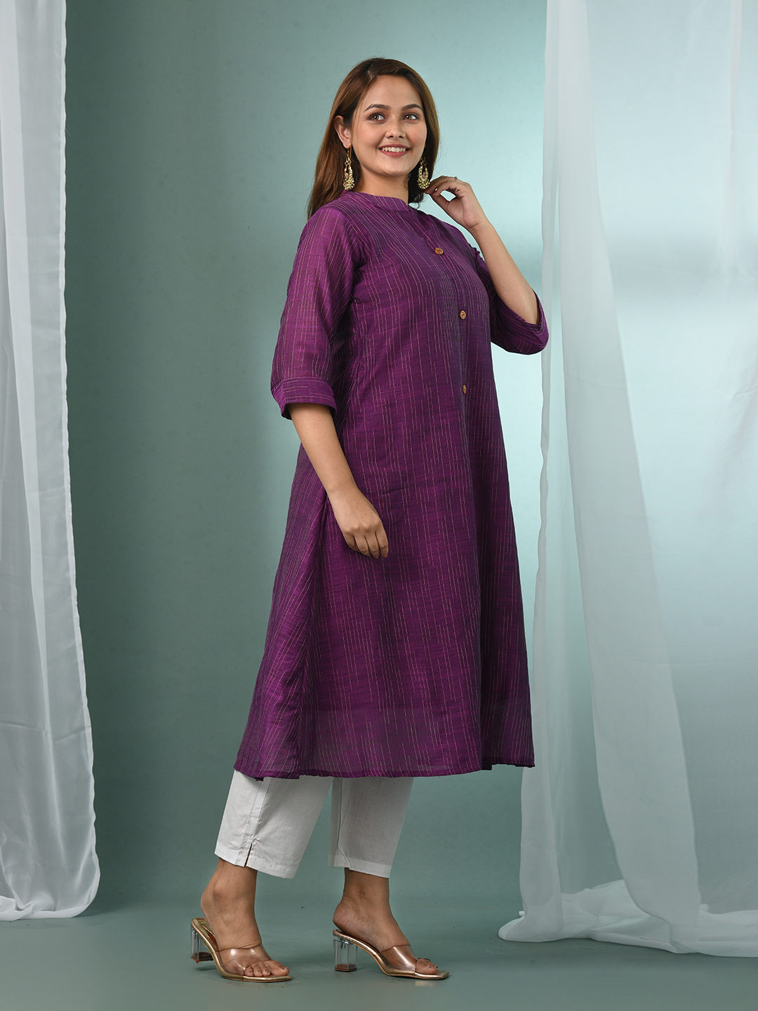Purple Textured Cotton Handloom A-line Kurta Set - Image 5