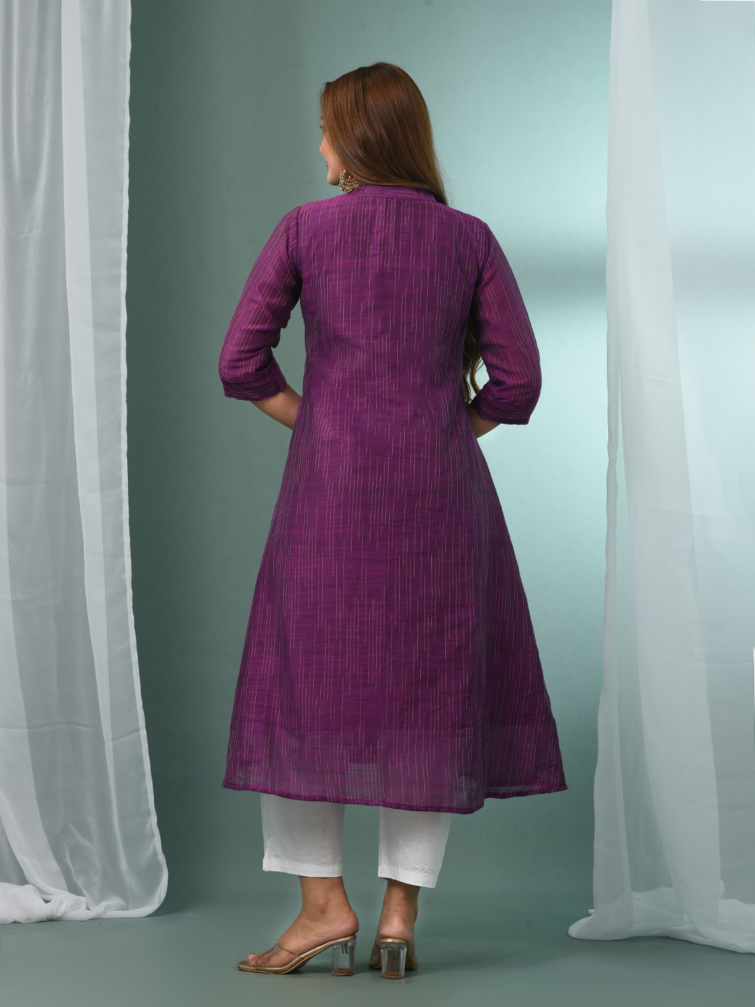 Purple Textured Cotton Handloom A-line Kurta Set - Image 6