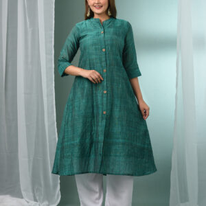 Green Textured Cotton Handloom A-line Kurta Set