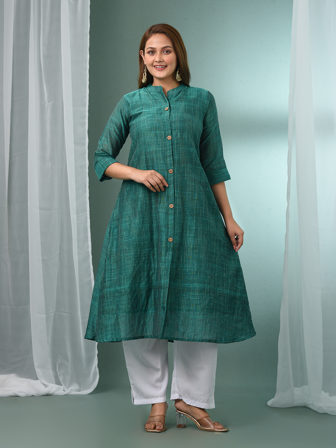 Green Textured Cotton Handloom A-line Kurta Set