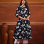 Navy Blue Cotton Floral Printed A-line Kurta Set