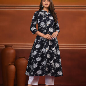 Navy Blue Cotton Floral Printed A-line Kurta Set