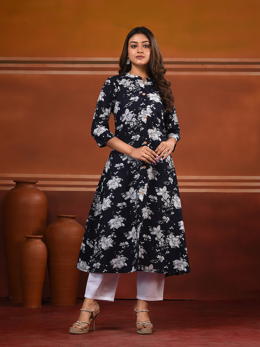 Navy Blue Cotton Floral Printed A-line Kurta Set