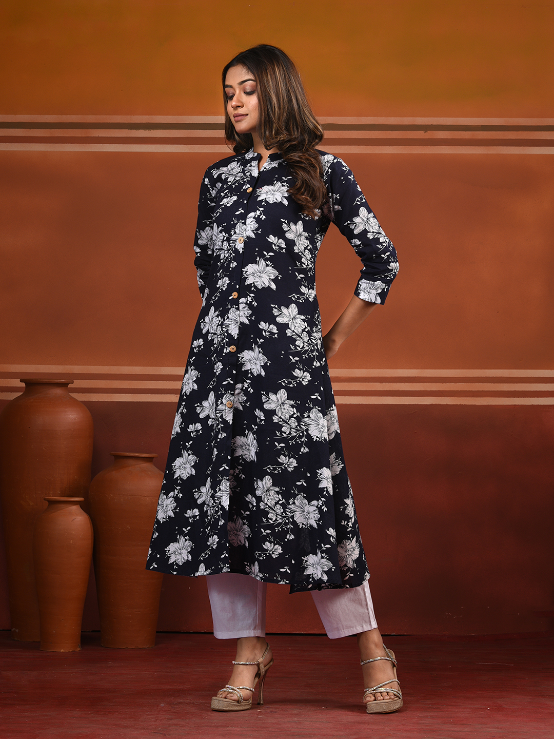 Navy Blue Cotton Floral Printed A-line Kurta Set - Image 4