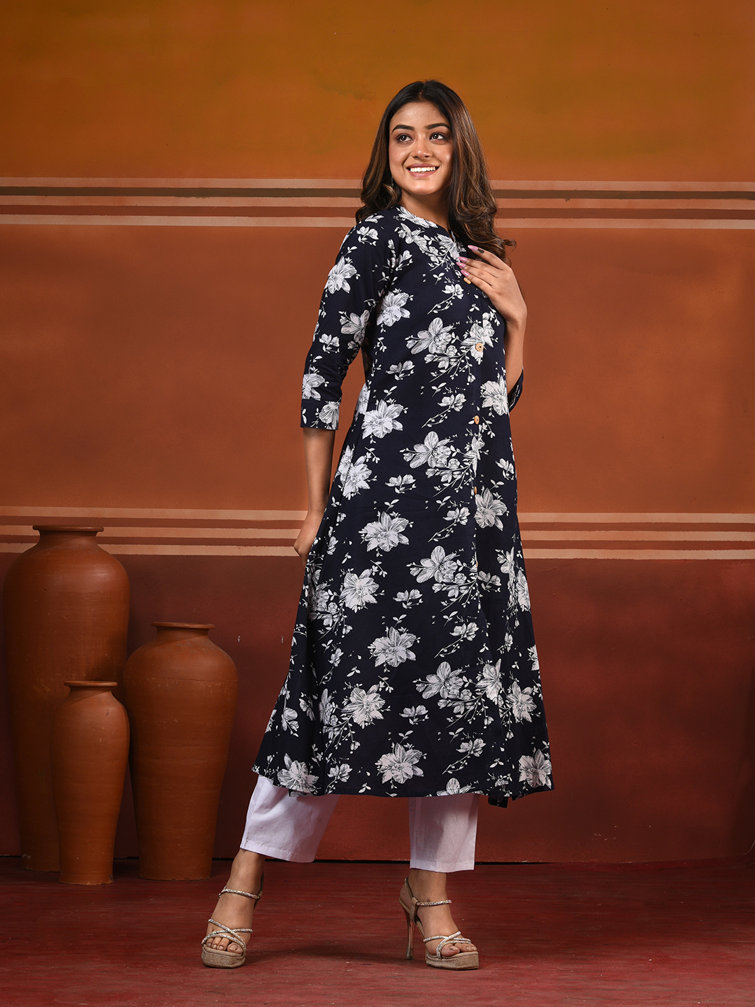 Navy Blue Cotton Floral Printed A-line Kurta Set - Image 5