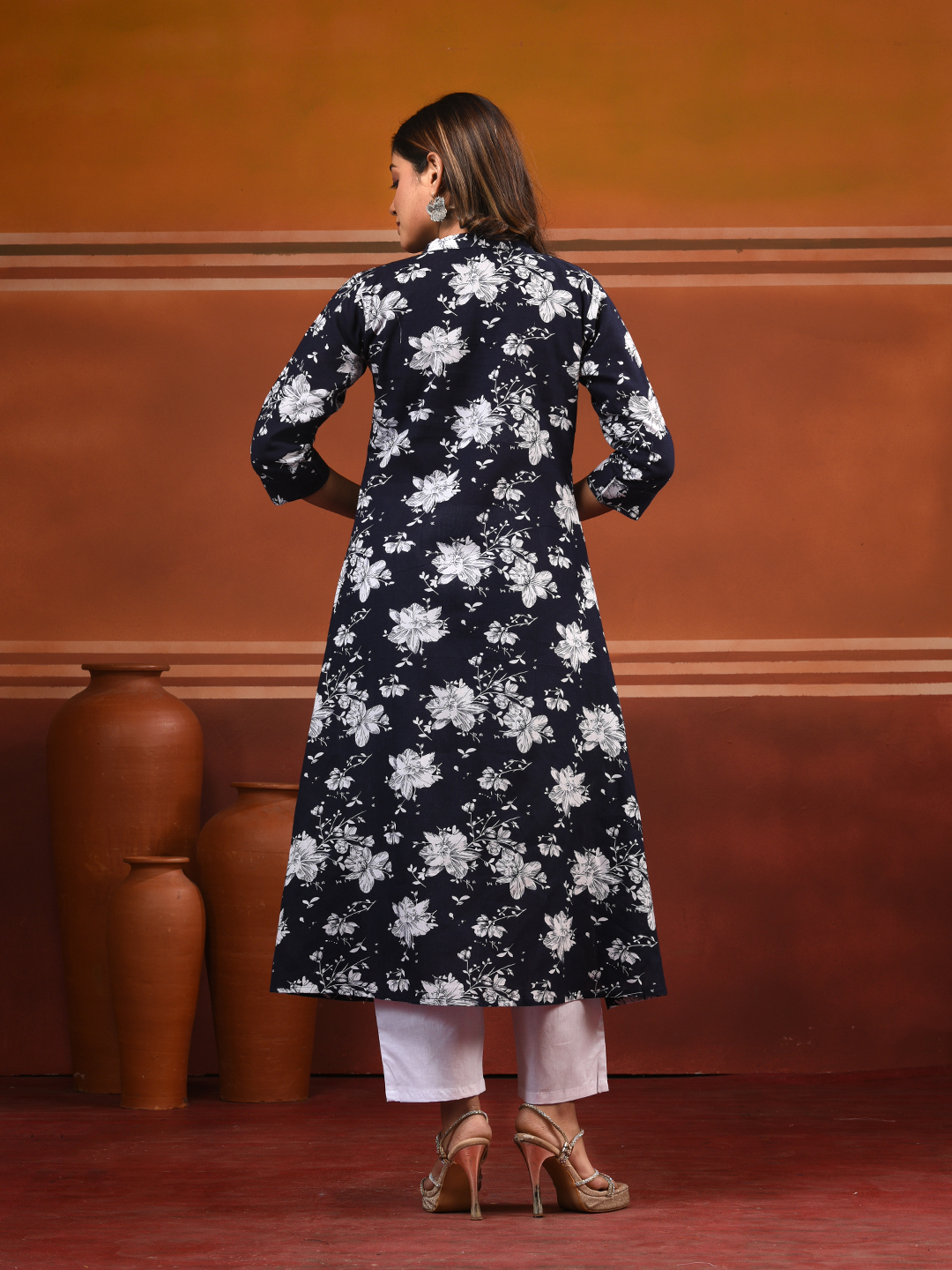Navy Blue Cotton Floral Printed A-line Kurta Set - Image 6